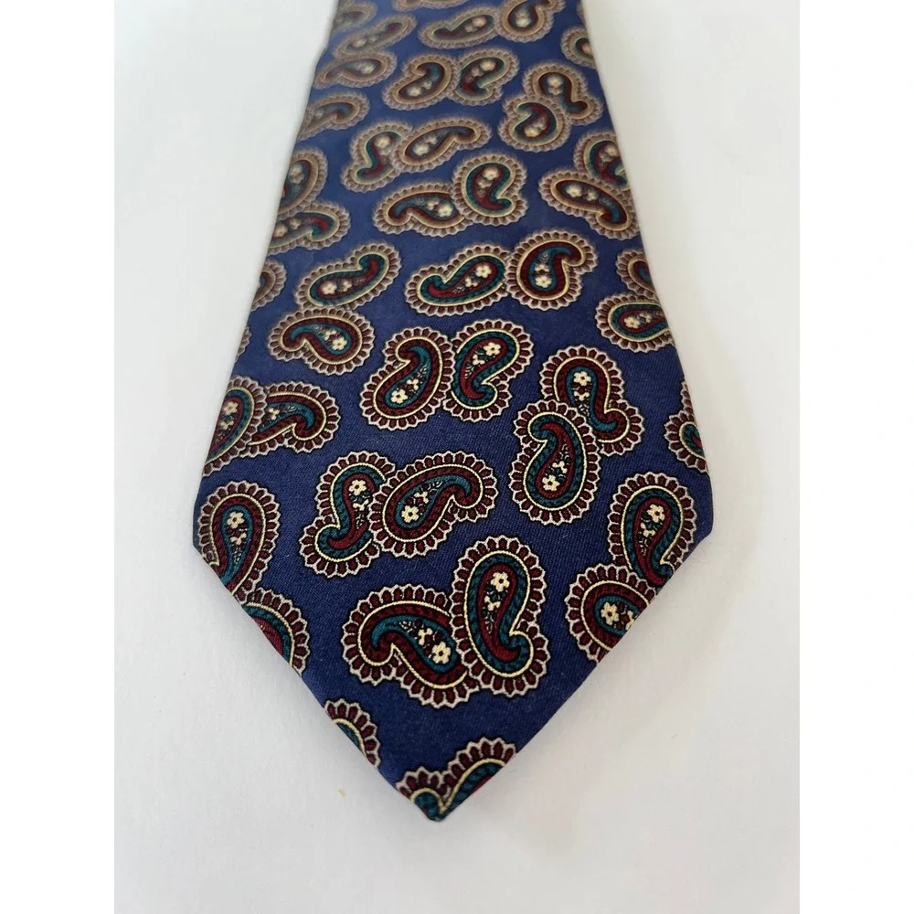 Allen Solly Mens Silk Paisley Tie Navy Blue Burgundy Teal Made in USA Classic